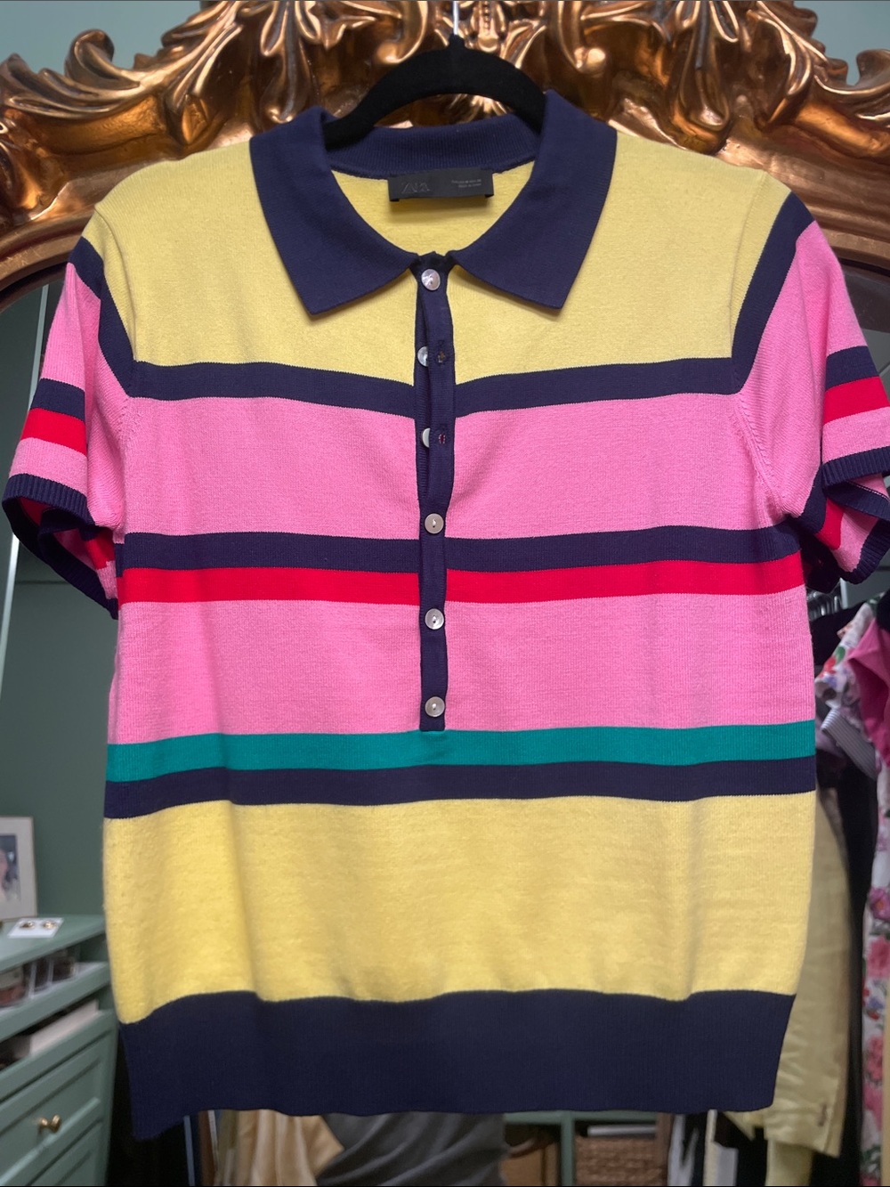 Zara Striped Polo Sweater - Pink, Yellow, Navy